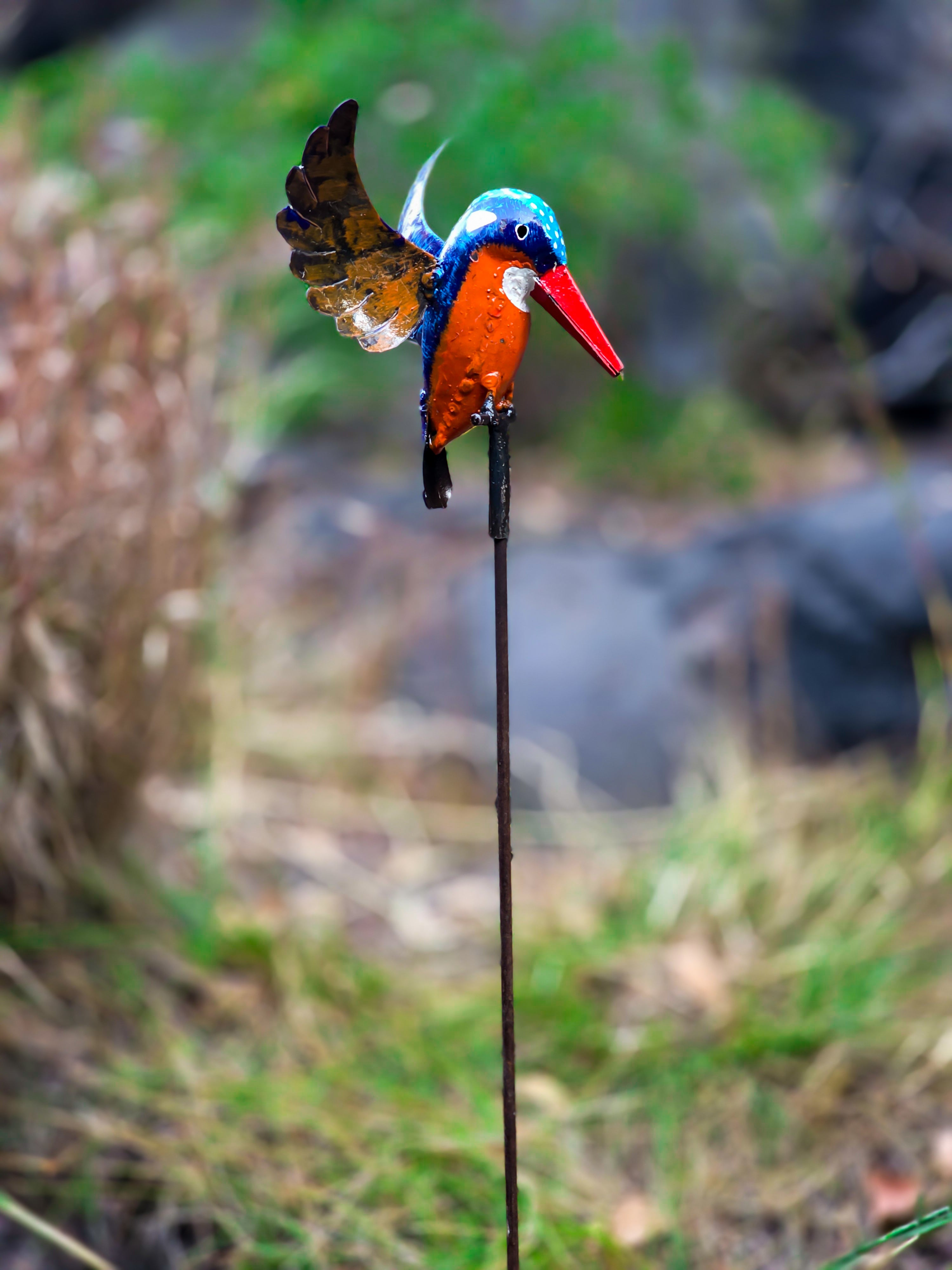 Handmade recycled metal kingfisher descent sculpture garden Afrisculpts
