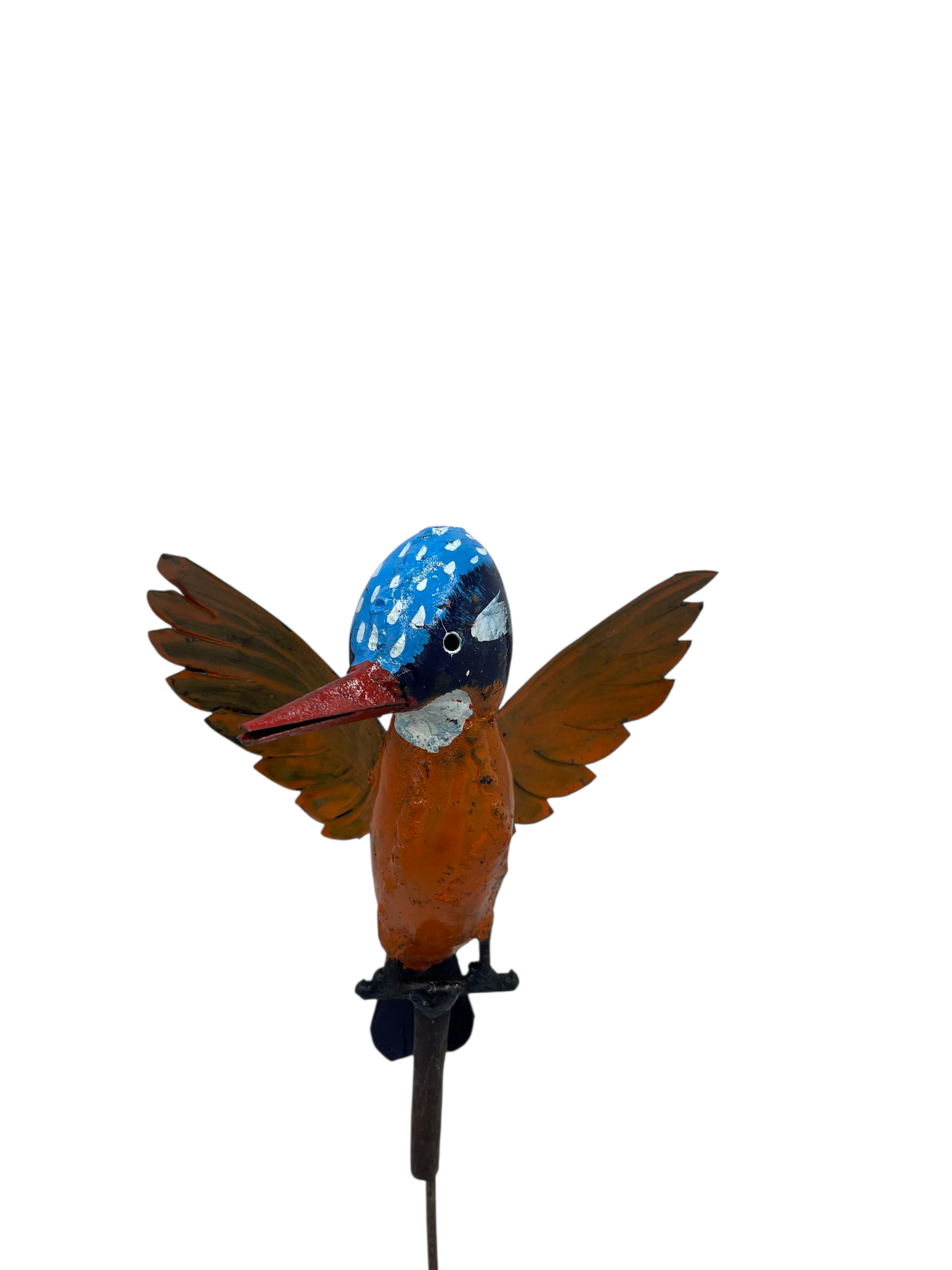 Handmade flying kingfisher metal sculpture on rod, made from recycled materials, front view