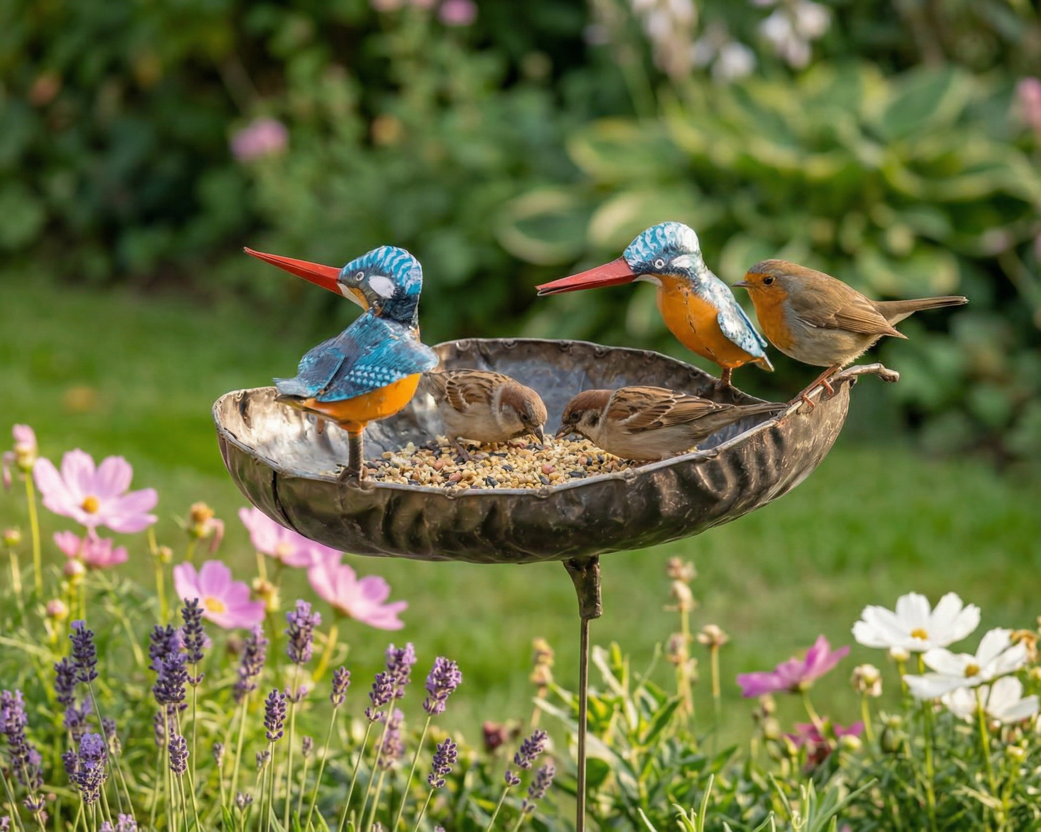 Handcrafted recycled metal kingfisher leaf bird feeder large, full view in garden, Afrisculpts