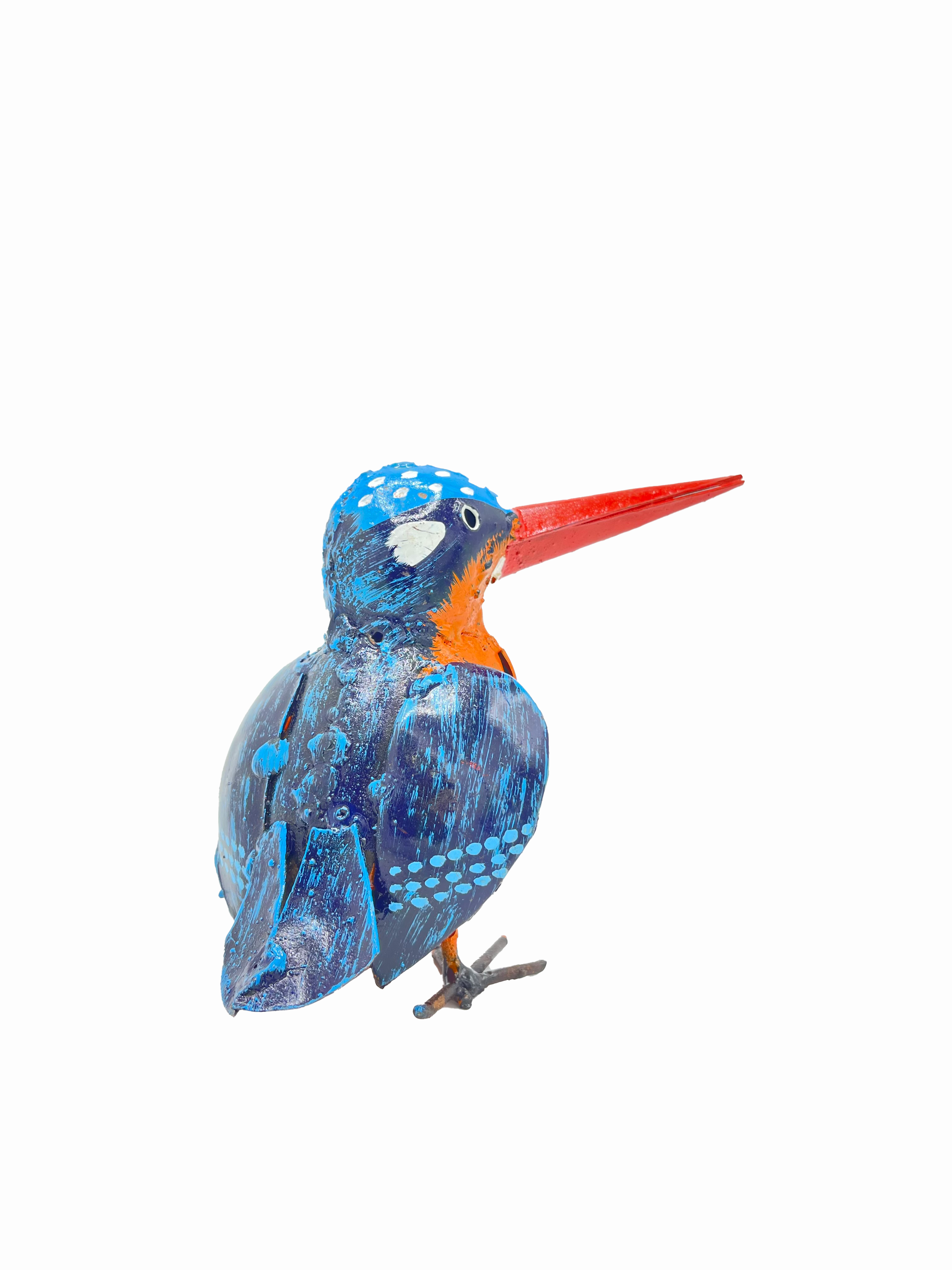 Handcrafted recycled metal kingfisher medium sculpture, full view, Afrisculpts