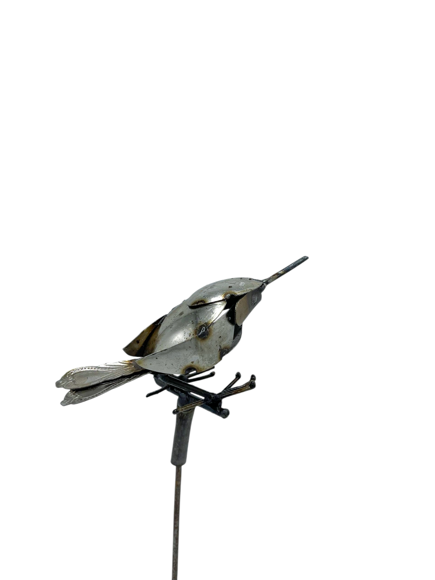 Handmade recycled metal flycatcher bird sculpture on rod, full view white background, Afrisculpts