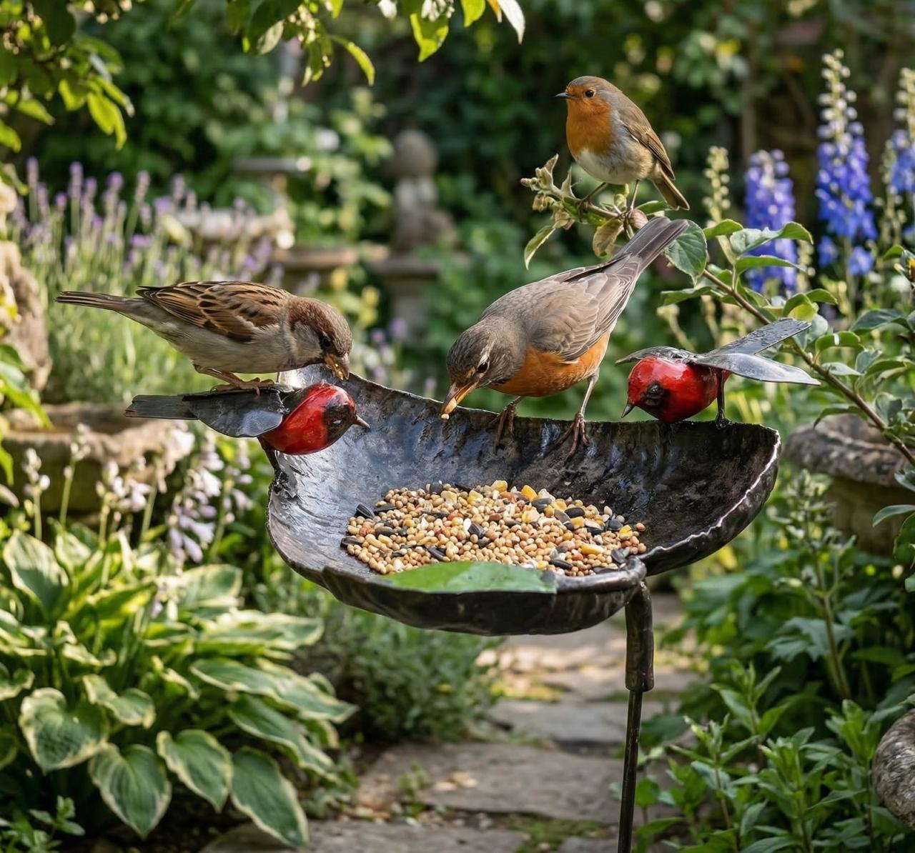 Handmade recycled metal robin bird feeder on rod medium, full view, Afrisculpts