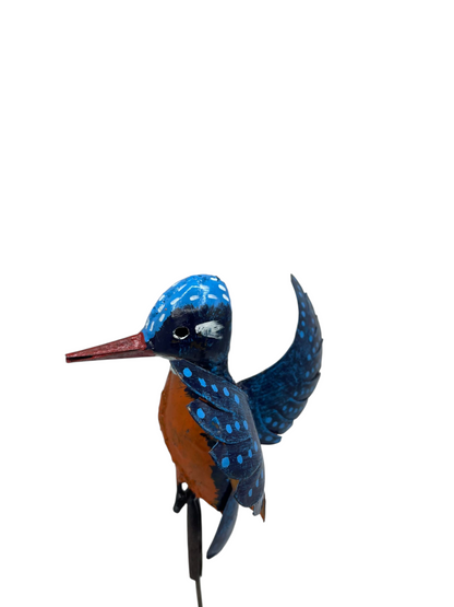Recycled metal kingfisher on rod garden sculpture, handcrafted African art, full view