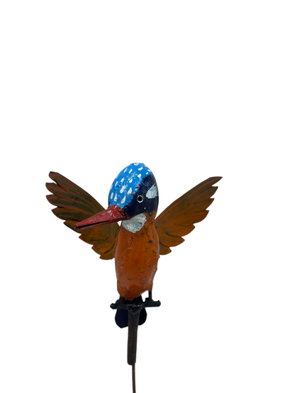 Handmade flying kingfisher metal sculpture on rod, made from recycled materials, front view