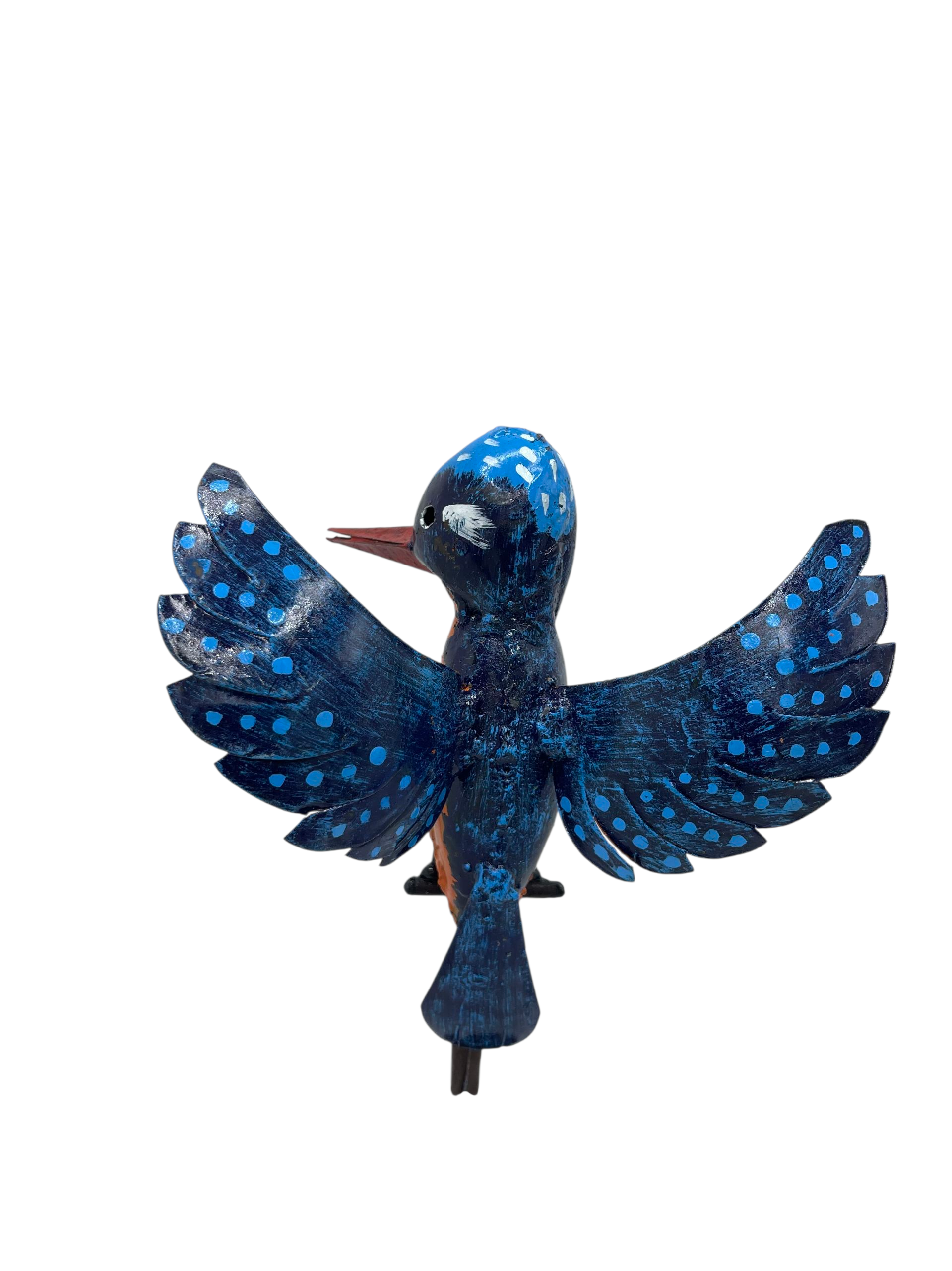 Handmade flying kingfisher metal sculpture on rod, made from recycled materials