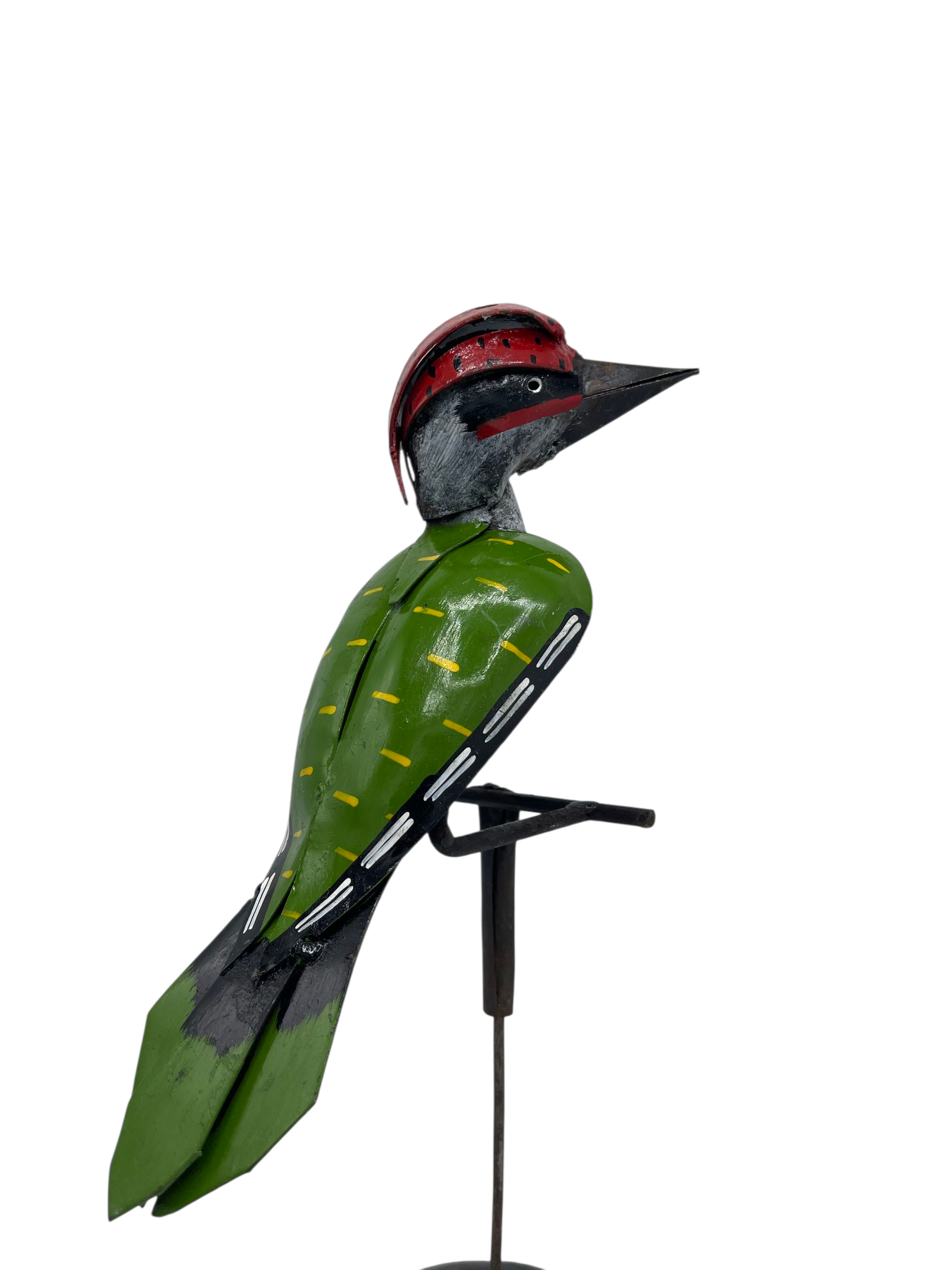 Handmade recycled metal green woodpecker rod sculpture Afrisculpts