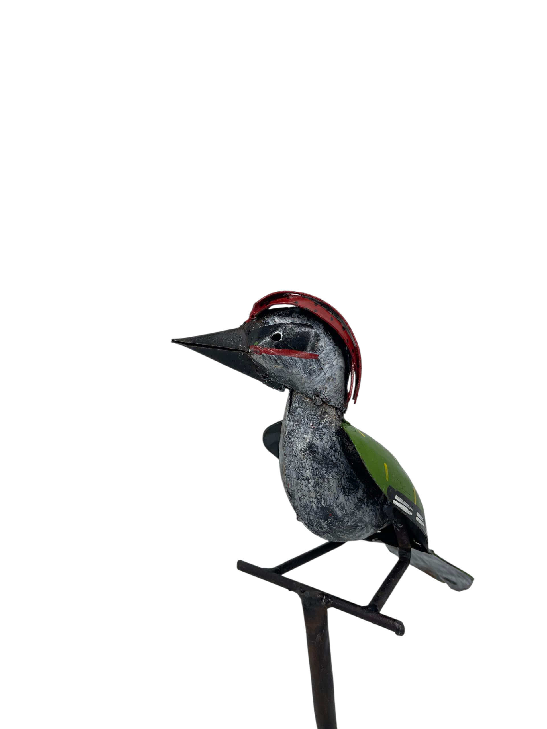 Green woodpecker on rod garden sculpture recycled metal Afrisculpts