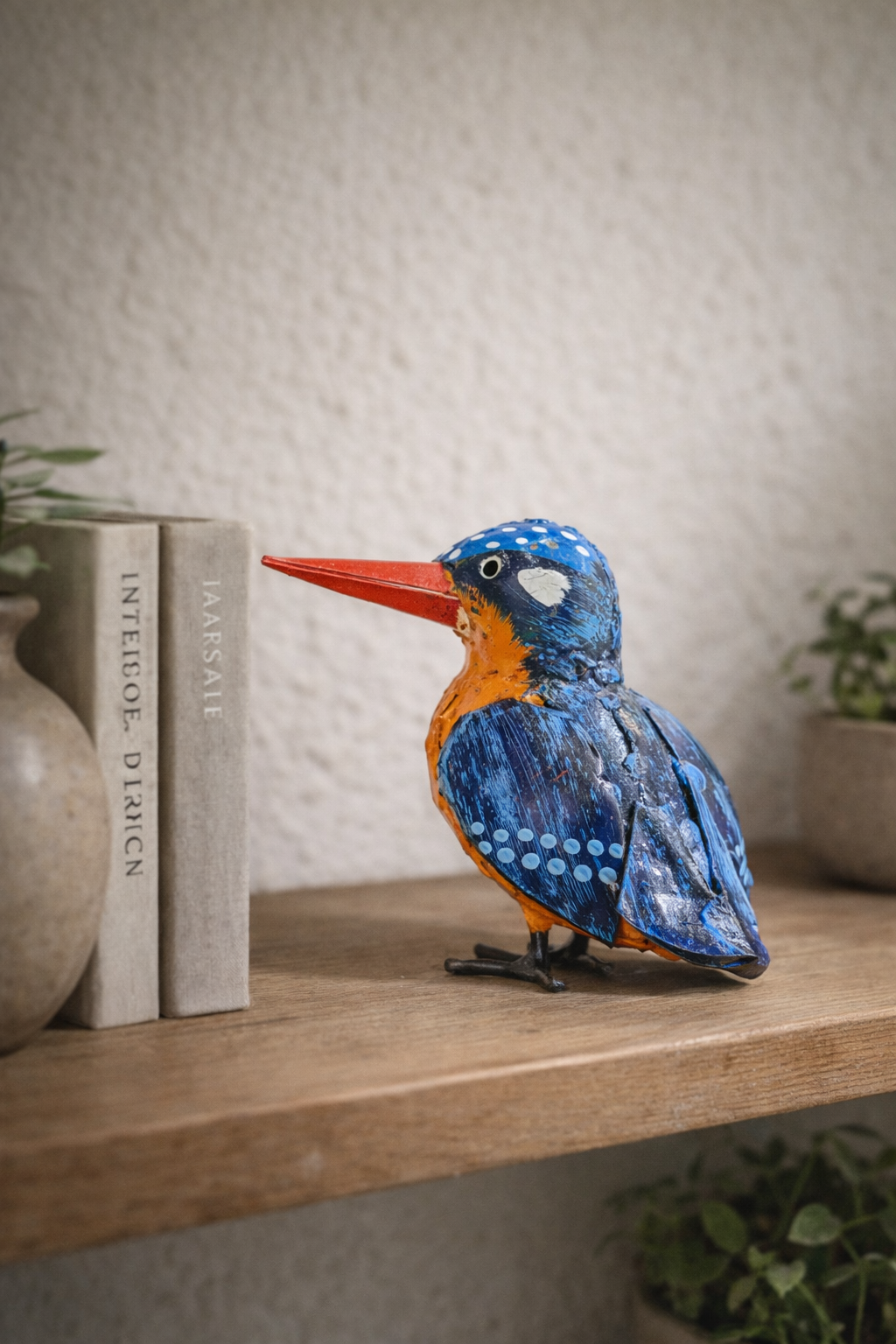 Kingfisher medium recycled metal sculpture front view, handcrafted African art, Afrisculpts