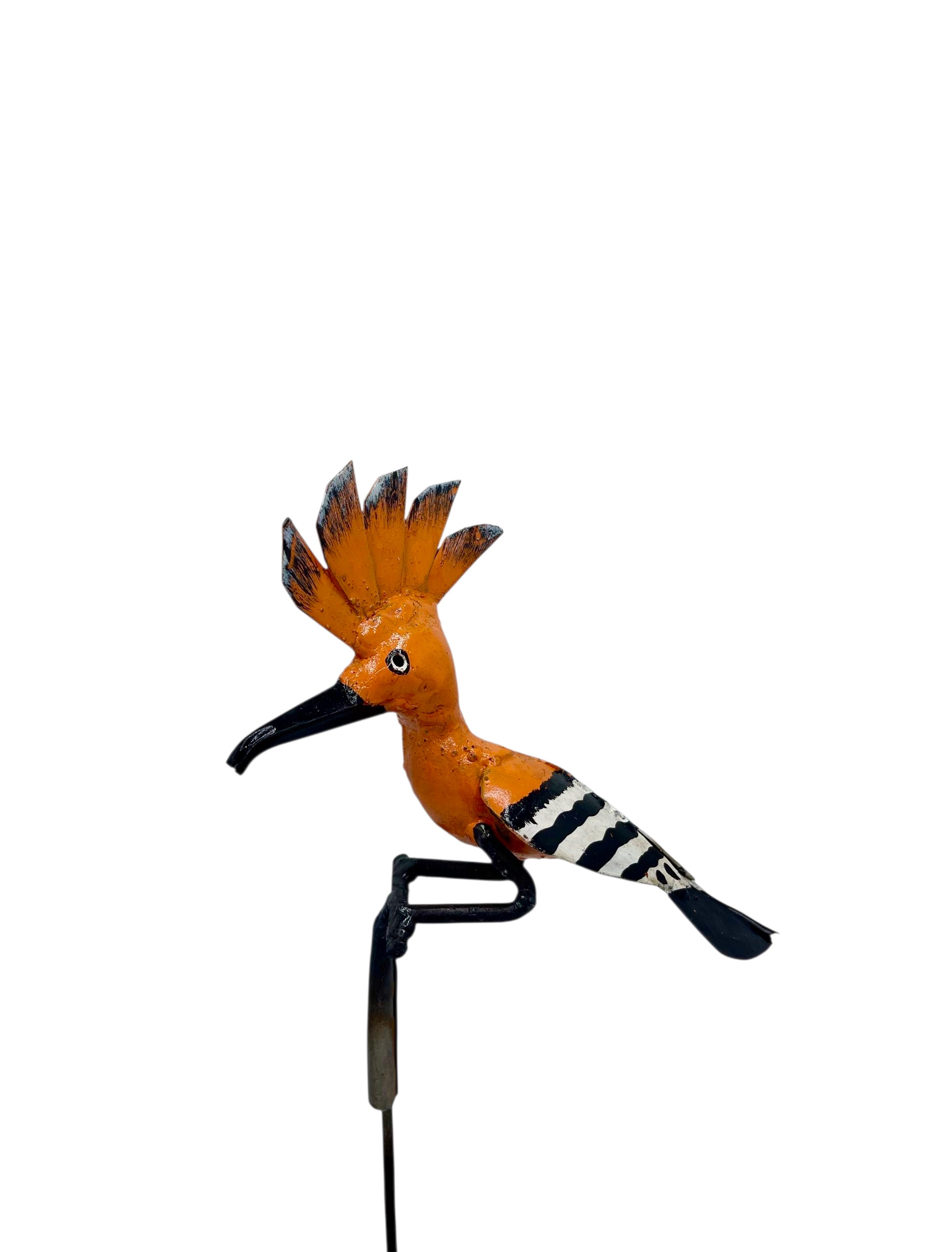 Handmade hoopoe bird metal sculpture on rod, recycled materials, full view white background