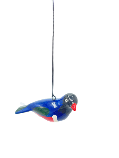 Handcrafted African Jacaranda wood greater blue-eared starling hanging ornament, full view, Afrisculpts