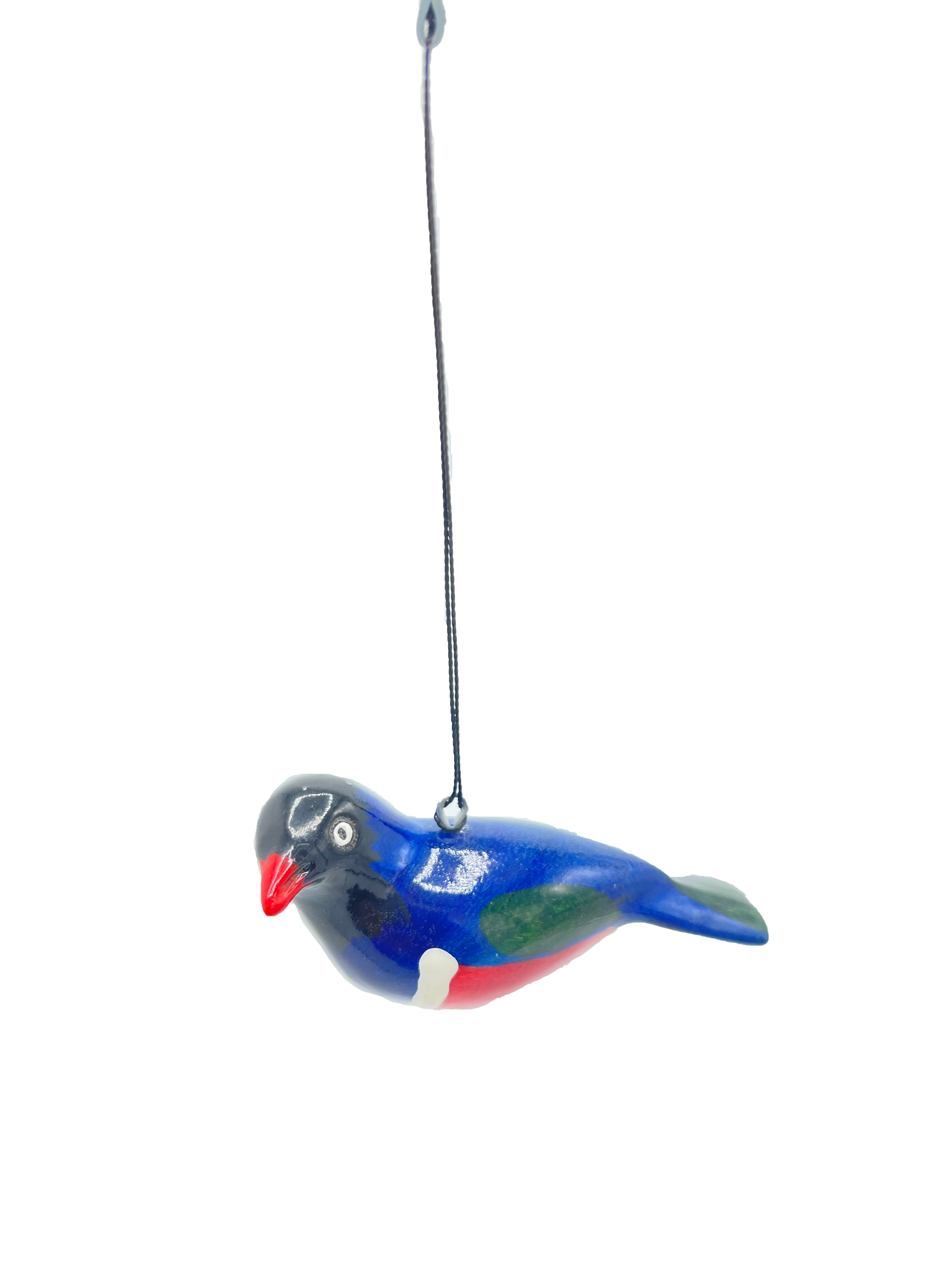 Handmade African Jacaranda wood greater blue-eared starling ornament side view, glossy varnish finish, Afrisculpts