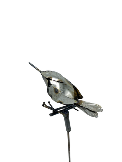 Flycatcher on rod garden sculpture, side view, handcrafted recycled metal art, Afrisculpts
