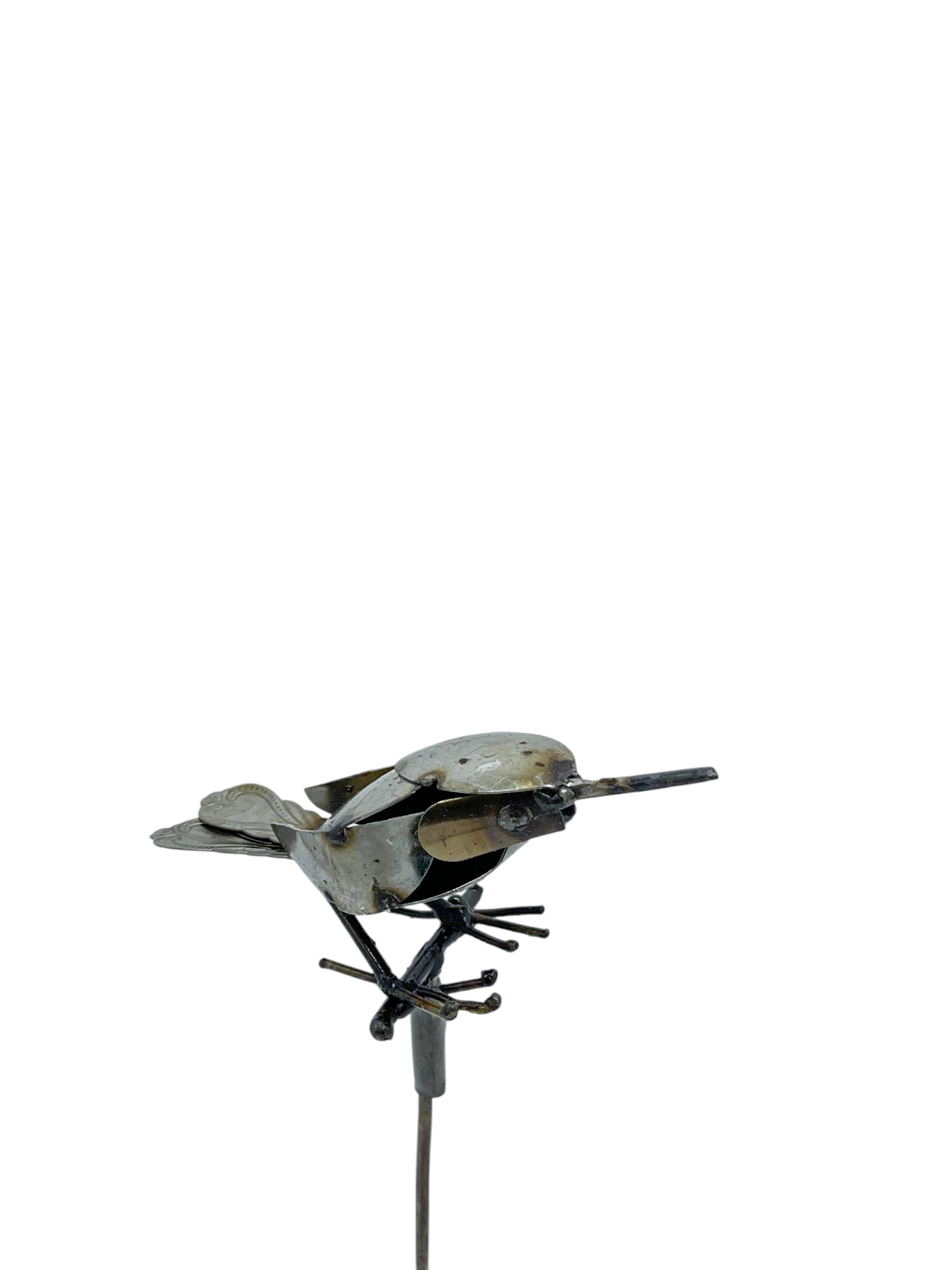 Recycled metal flycatcher bird sculpture on rod displayed outdoors in garden, Afrisculpts