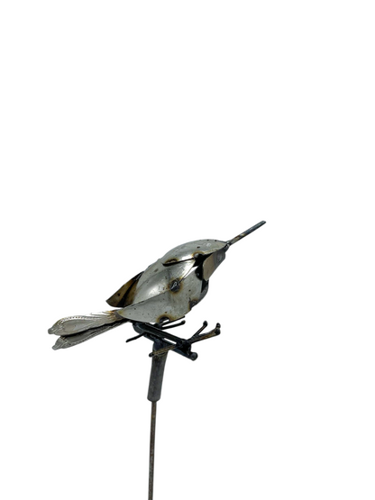 Handmade recycled metal flycatcher bird sculpture on rod, full view white background, Afrisculpts