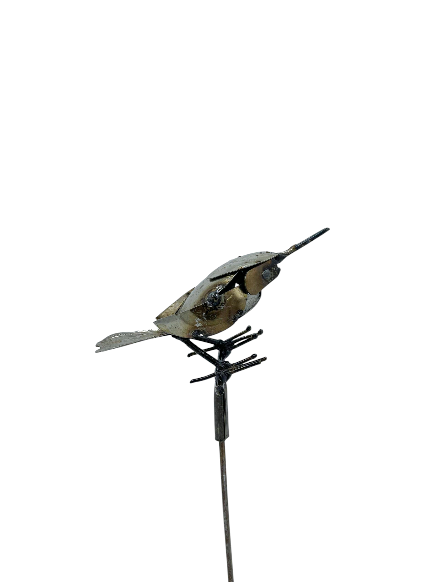 Close detail of handmade flycatcher sculpture on rod, recycled metal, weather-resistant Vidaron finish