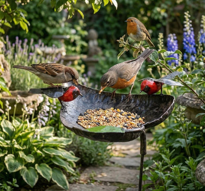 Handmade recycled metal robin bird feeder on rod medium, full view, Afrisculpts