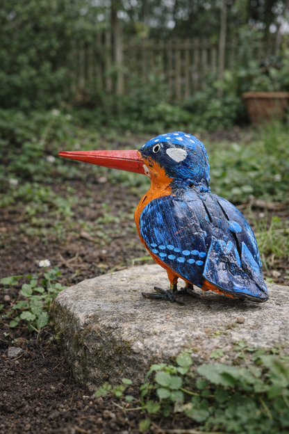 Handcrafted recycled metal kingfisher medium sculpture, full view, Afrisculpts
